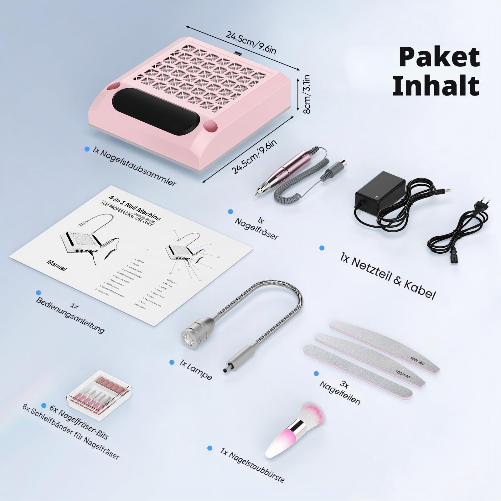 4 in 1 elektrische Nagelbohrer, 30000 U / min professioneller Nagelstaubkollektor 80W leistungsstarkes Vakuum, 6W rotatable LED -Licht niedriges Geräusch mit 3 Dateien für Salon Home Use (Pink)