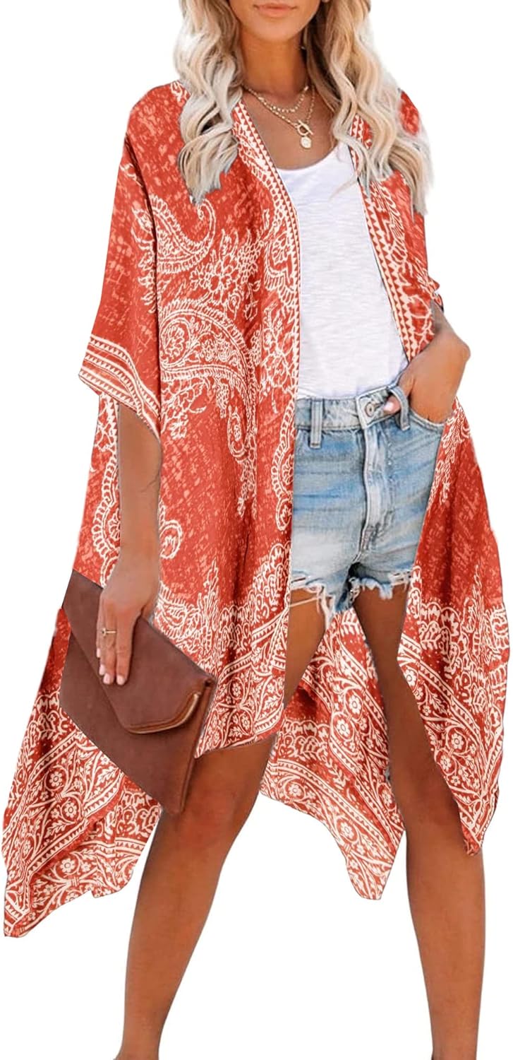 Breezy Lane Women's Kimono Cardigan Summer Swimsuit Coverups Beach Cover Up with Floral Print for Vacation