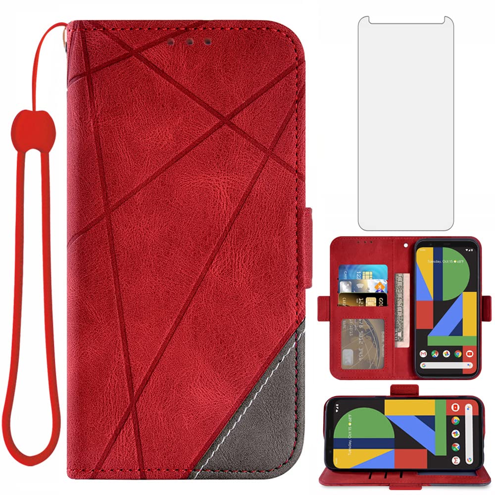 Asuwish Funda para Google Pixel 4 Carcasa con Cristal Protector de Pantalla Flip Case Libro con Tapa Antigolpes Resistente PU Cuero Billetera Soporte Pixel4 Phone Case Rojo