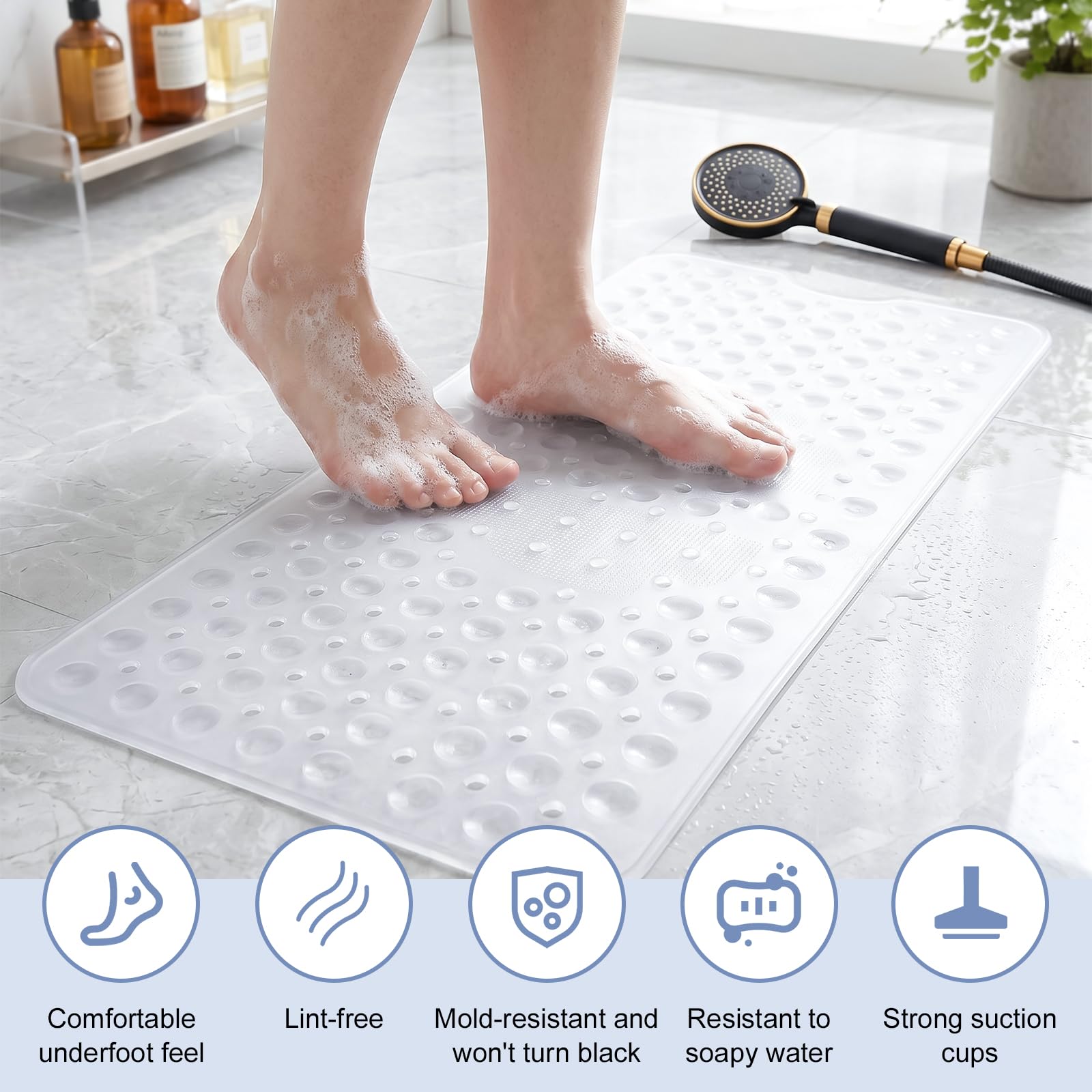 Tapis de Baignoire Antidérapant 92x40cm Silicone avec Ventouses Puissantes sans BPA Lavable en Machine