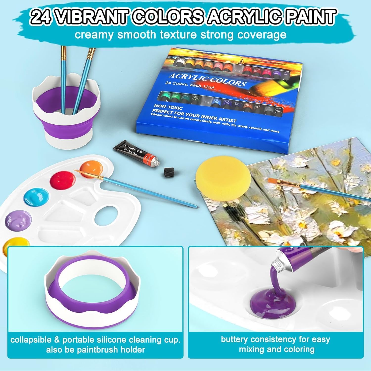 Kit de Peinture Acrylique,Chevalet Peinture Acrylique,24 Peinture,4 Panneaux de toile,8 Pinceaux,Palette,Spatul,Toile,Chevalet,Kit de Peinture pour Artistes,Débutants