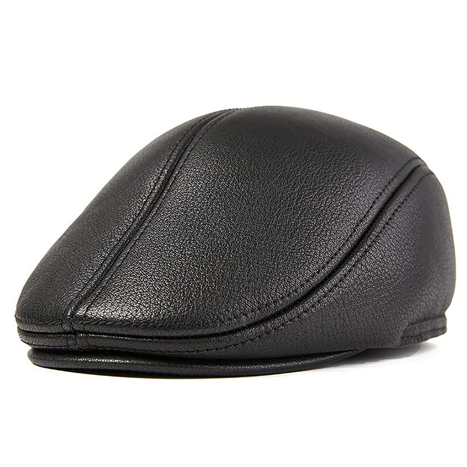 Czapki zimowe, męska skórzana czapka beret vintage czapka golfowa czapka płaska czapka gazeciarza jesień zima(Black-55-56cm)