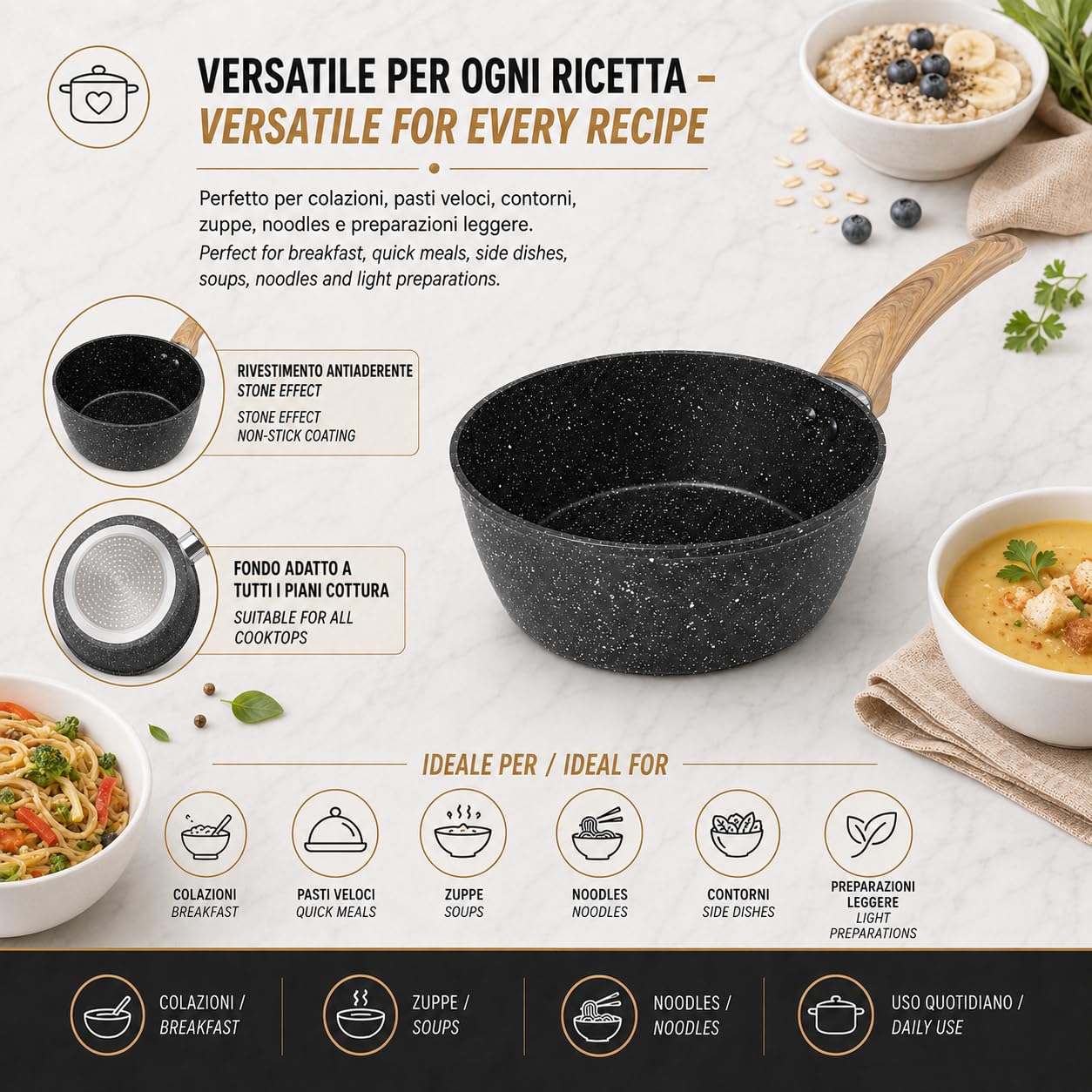 IPEA Pentolino Induzione Antiaderente per Latte e Minestre - 20 CM - SOLIDO E VERSATILE - Pentolino per Cucinare e Bollire Verdure, Noodles, Verdure, Noodles - Ergonomico - Bollilatte da Cucina