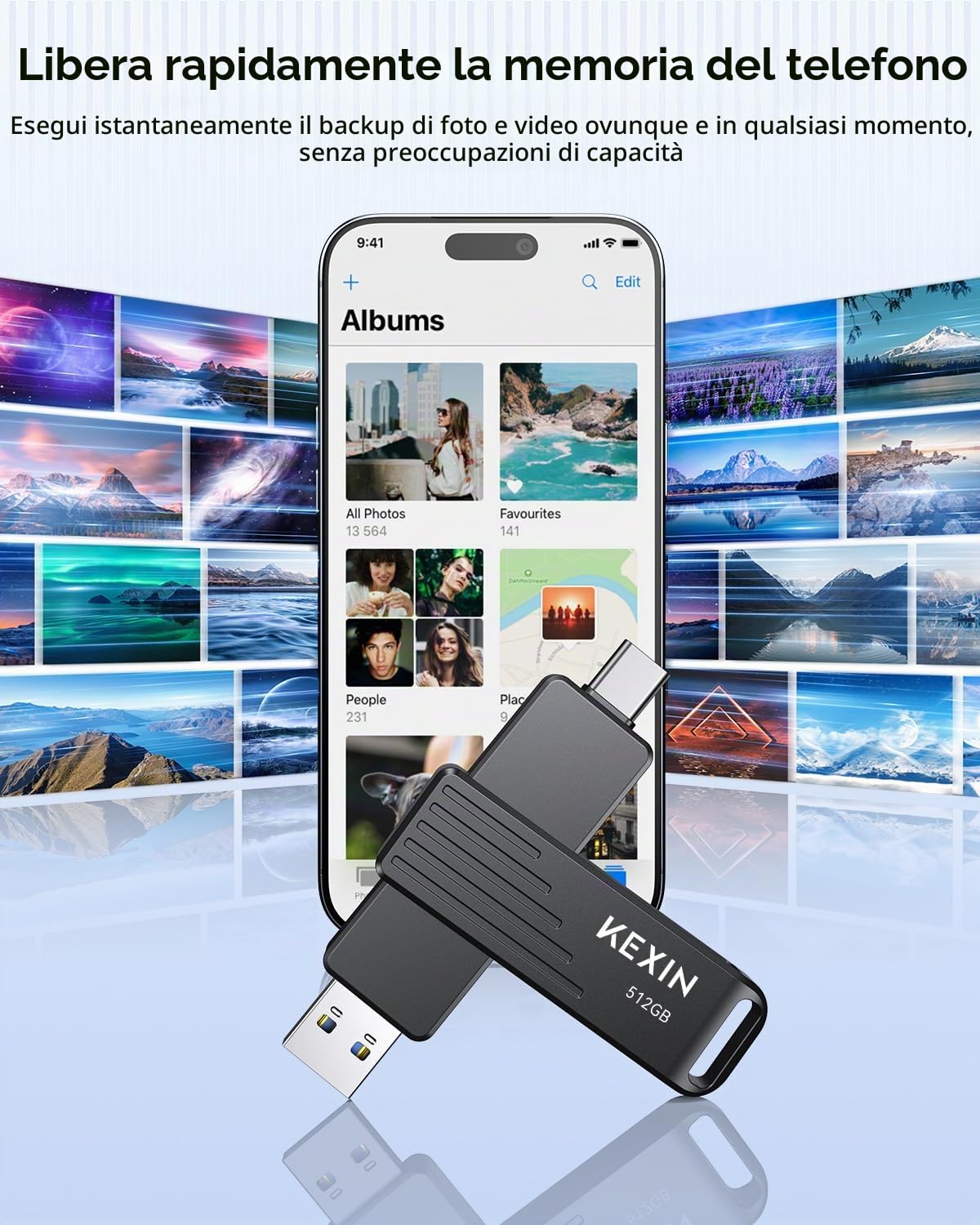 KEXIN 512 GB SSD Esterno USB C fino a 1050 MB/s chiavetta USB doppia con connettori USB Type-C e USB-A USB 3.2 Gen 2 Memoria Esterna girevole per iPhone 15/16/17, smartphone, tablet, laptop
