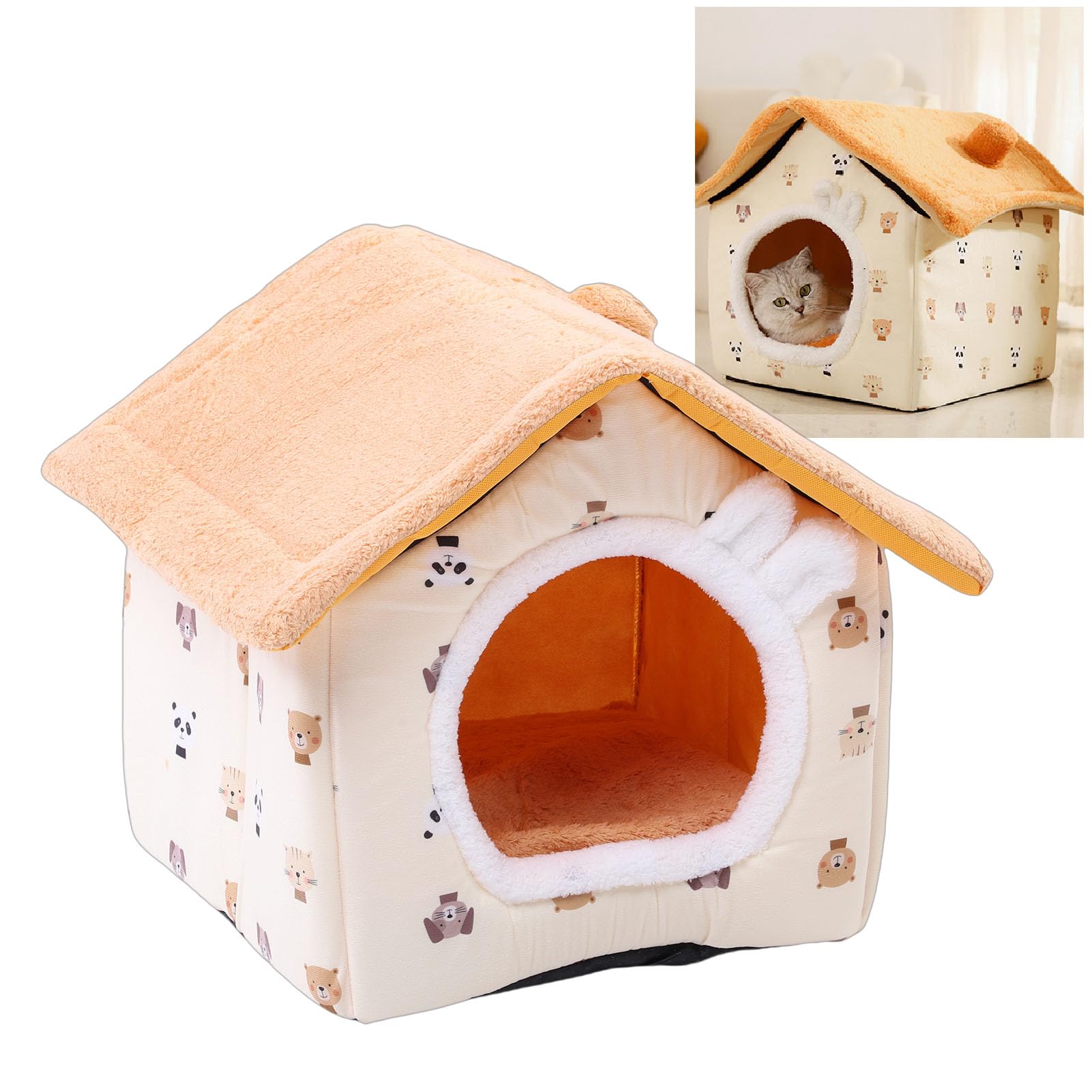 Cuccia per Gatti Invernale Calda, Staccabile e Lavabile, con Imbottitura in Peluche, Cuccia Chiusa per Animali Domestici da 2,5 a 7,5 Kg (Taglia M gialla)