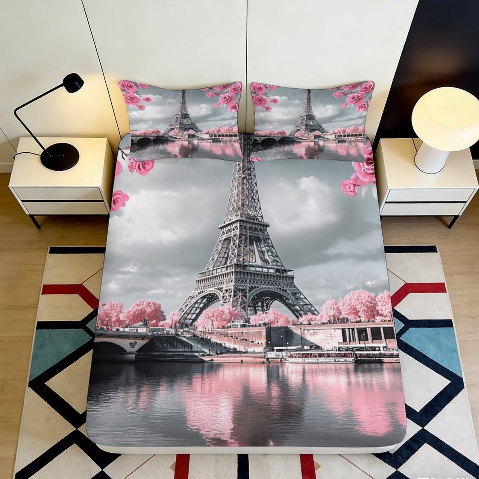 Jqzkxnhpbr Style-4 3D Printed Eiffel Tower Paris Fitted Sheet Microfiber Pink Blossom Bed Cover For Bedroom Guest Room Décor Mattress Protection 90X200x25cm