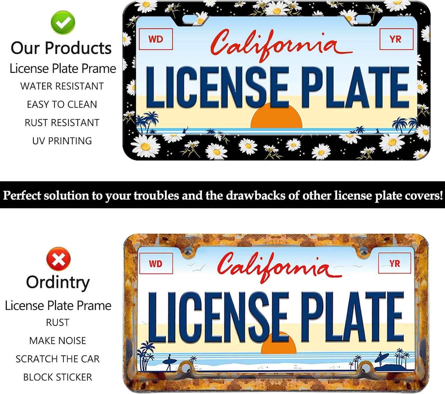 White Daisy License Plate Frames - 2 Pack Cute Flower Personalized License Plate Holder, Stainless Steel Rust-Proof Waterproof Car Decorative Tag Frame with Screws Fasteners Caps image 4