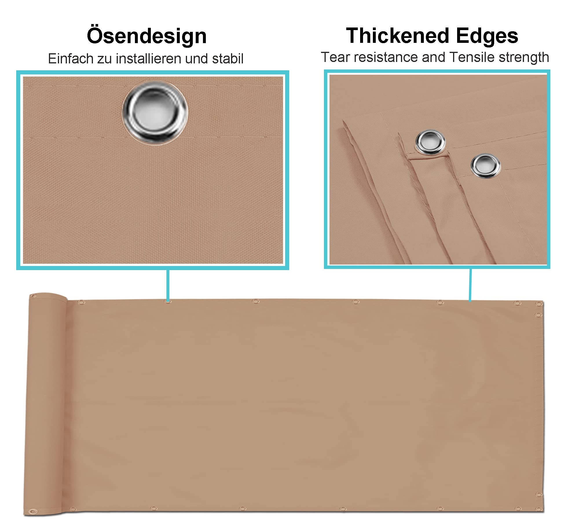 Balkon Sichtschutz Balkon 70x250cm seitenmarkise Balkonabdeckung Balkonverkleidung Wind-und UV-Schutz Wetterfest mit Kabelbinder Ösen Seil, für Balkongeländer, Terrasse & Garten Sandfarbe