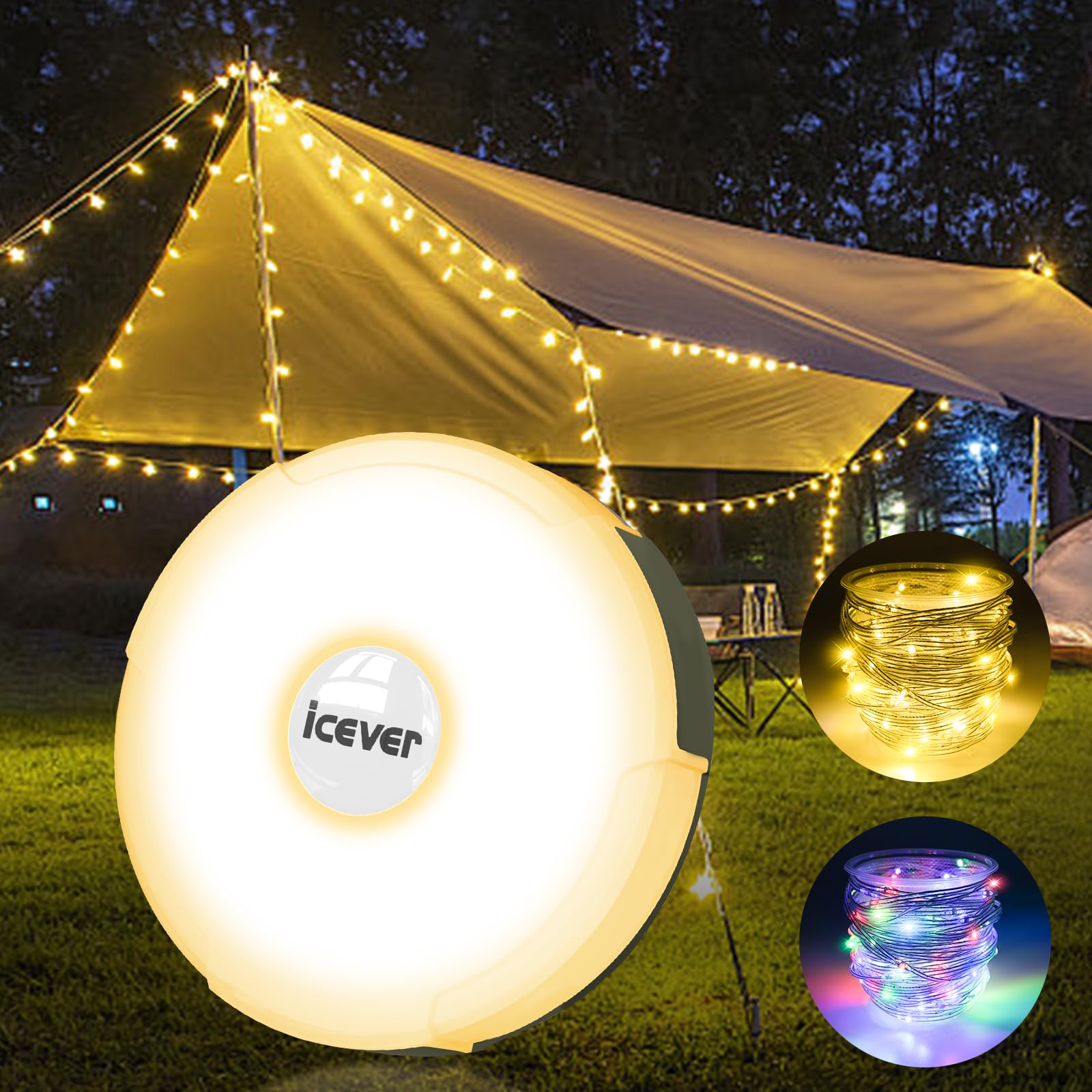 icever Camping String Lights, 32.8FT 4 in 1 Rechargeable Waterproof Hanging Lamp Portable LED Light for Outdoor Camping Awning Tent Garden Party Yard