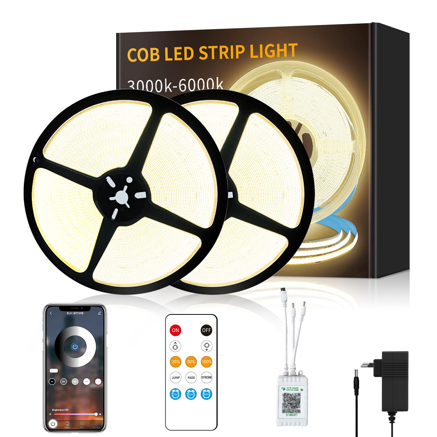 Cob Striscia LED 30 m, con telecomando, controllo app, DC24 V, 3000 K, luce bianca calda, flessibile, dimmerabile, utilizzabile su camera da letto, stanza, armadio, decorazione fai da te
