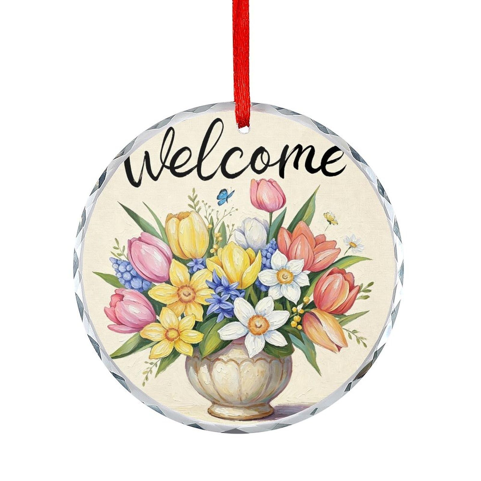 Btcowzrv Style Welcome Spring Floral Round Ornament Hanging Pendant Decor