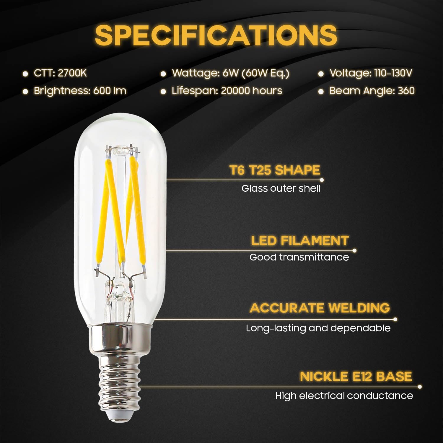 Seentech E12 LED Bulb Dimmable 6W Equal 60 watt Light Bulb 600lm Warm White 2700K T6 T25 E12 Candelabra Bulb 60 watt Stylish for Chandeliers, Ceiling Fans, Vanities (Pack of 6)