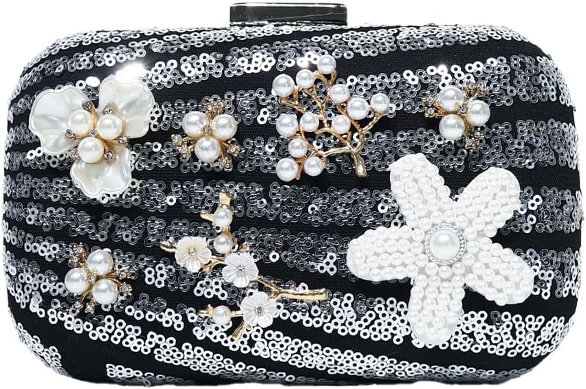 CORIOS Women's Flower Evening Bag Sequin Clutch Sparkly Crystal Handbag Bridal Wedding Purse Pearl Beaded Shoulder Bag