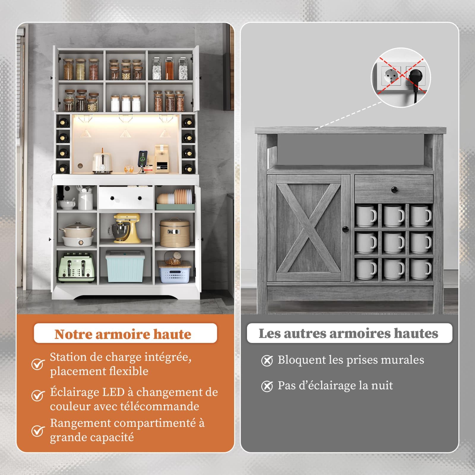 Sweiko Meuble de Cuisine avec Porte-Verres et Cave à Vin, Buffet Haute avec Prises et USB, Sideboard multifonctionnelle avec LED Intelligent, Plan de Travail