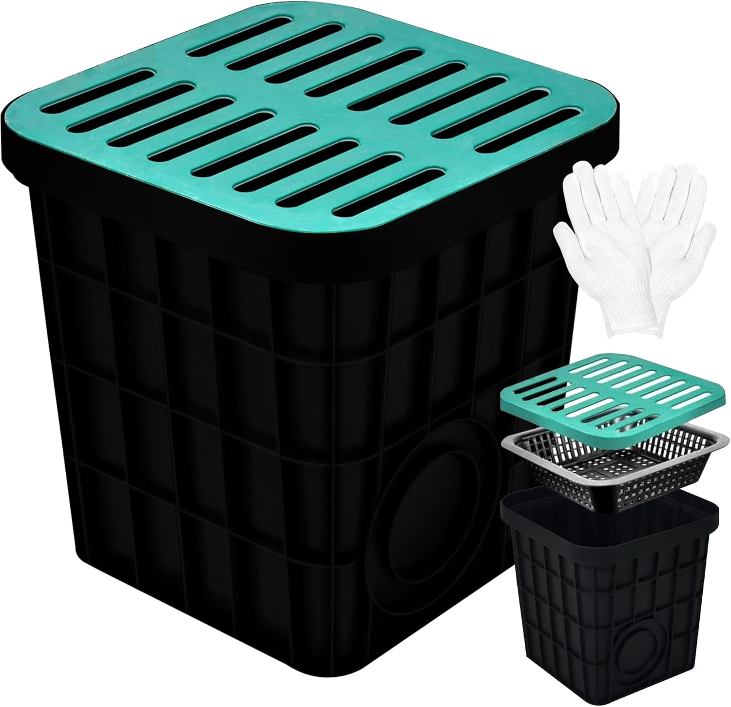 18x18x24 in Large Catch Basin for Drainage with Debris Basket,Catch Basin with Fiber Glass Grate,French Drain Catch Basin Without pre drilled Holes are Suitable for courtyards, downspouts, lawns