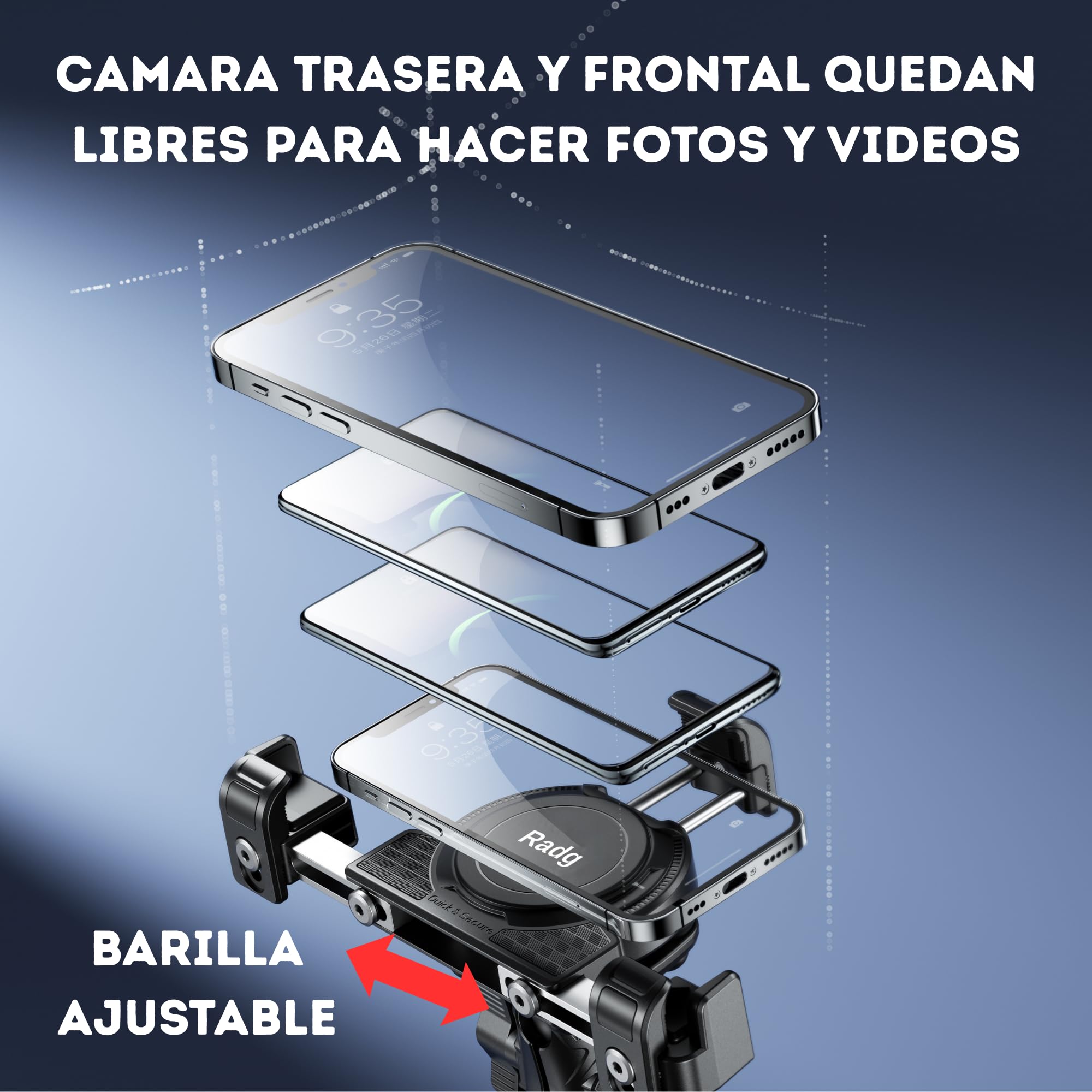 Radg Soporte Móvil Moto - [Doble Antivibración] Rotación 360º Tornillo Antirrobo, Camara Libre, Soporte Telefono Bicicleta — view 6