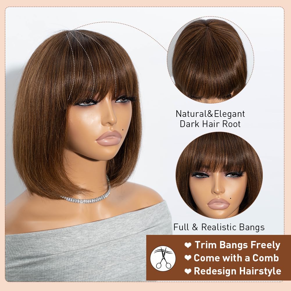 Joedir Short Human Hair Wig with Bangs Straight Bob Wigs for Women Highlights Brown Bob Wig Human Hair 10 Inches Straight None Lace Front Glueless Wigs for Daily Wear - Image 3