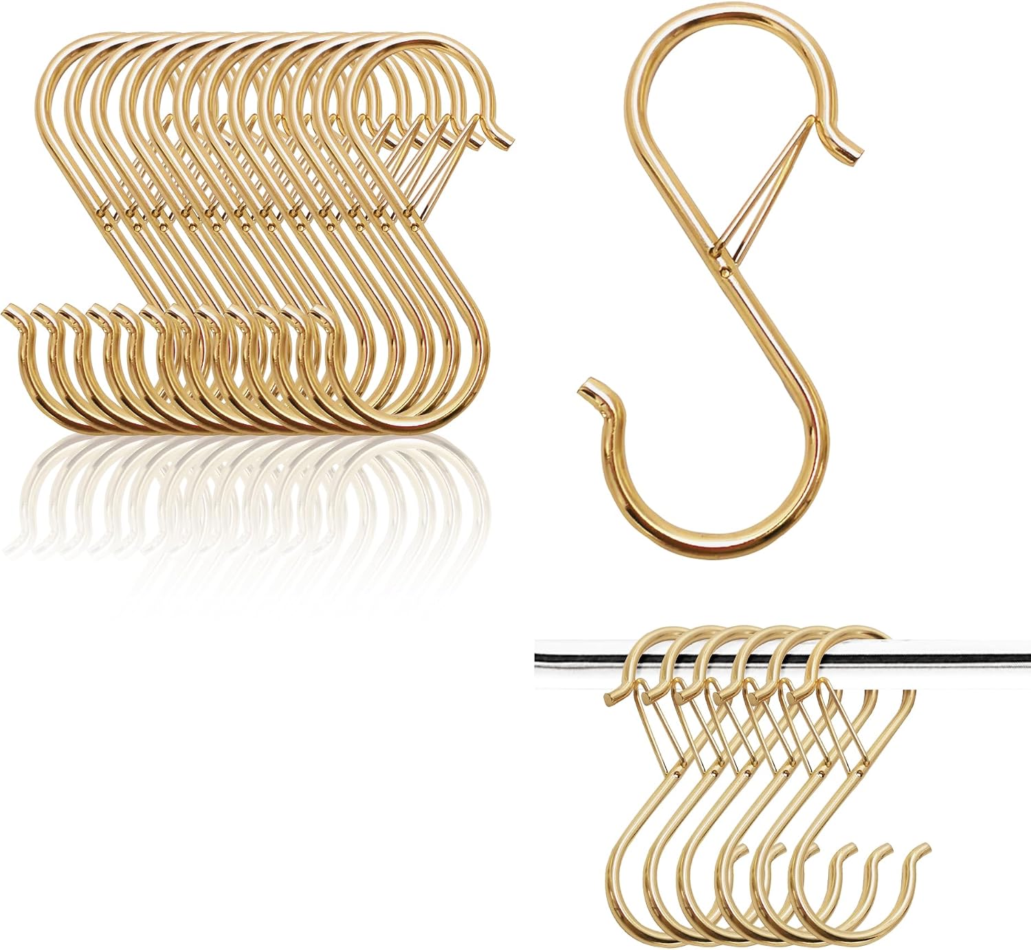S Hooks for Hanging, Heavy Duty with Safety Buckle Design, S Shaped Utility Hooks for Kitchen Utensil, Pans, Closet Rod, Bags, Purse, Plants, Hooks for Hanging Pots (12, Gold)