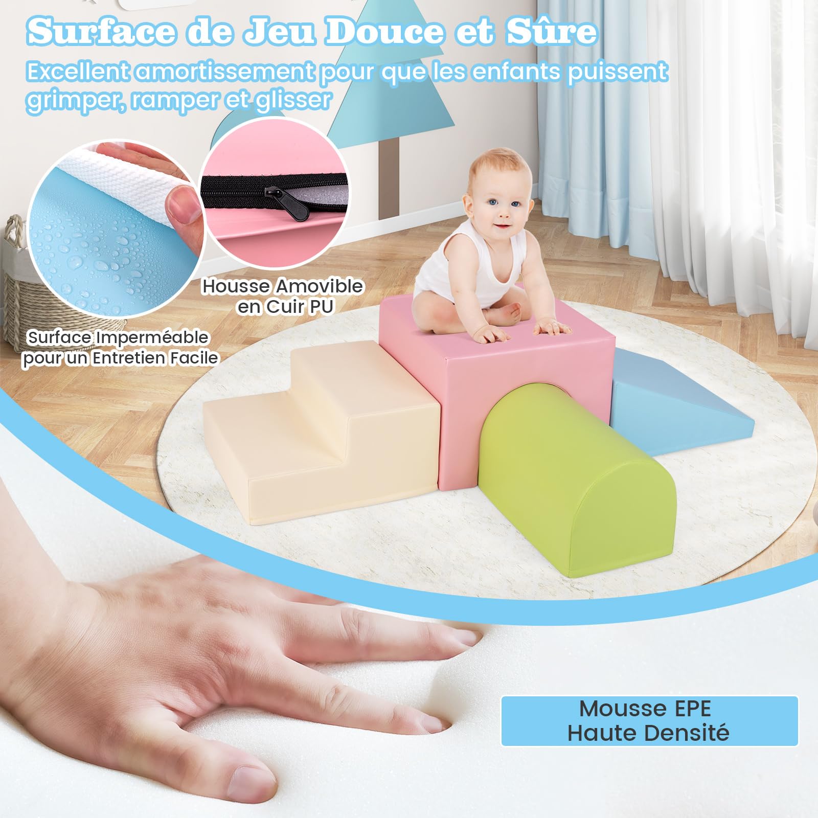 COSTWAY 4 PCS Parcours Motricité Bébé en Mousse avec Housse Amovible en PU, Module Motricité Bébé avec Toboggan & Différentes Formes, Jouets Éducatifs Colorée pour Grimper Ramper (Rose+Beige)