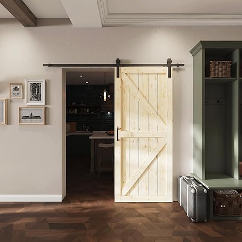 ARK DESIGN Puerta corredera de granero de 30 x 84 pulgadas con kit de herrajes para puerta corredera de 6 pies, agujeros preperforados de fácil