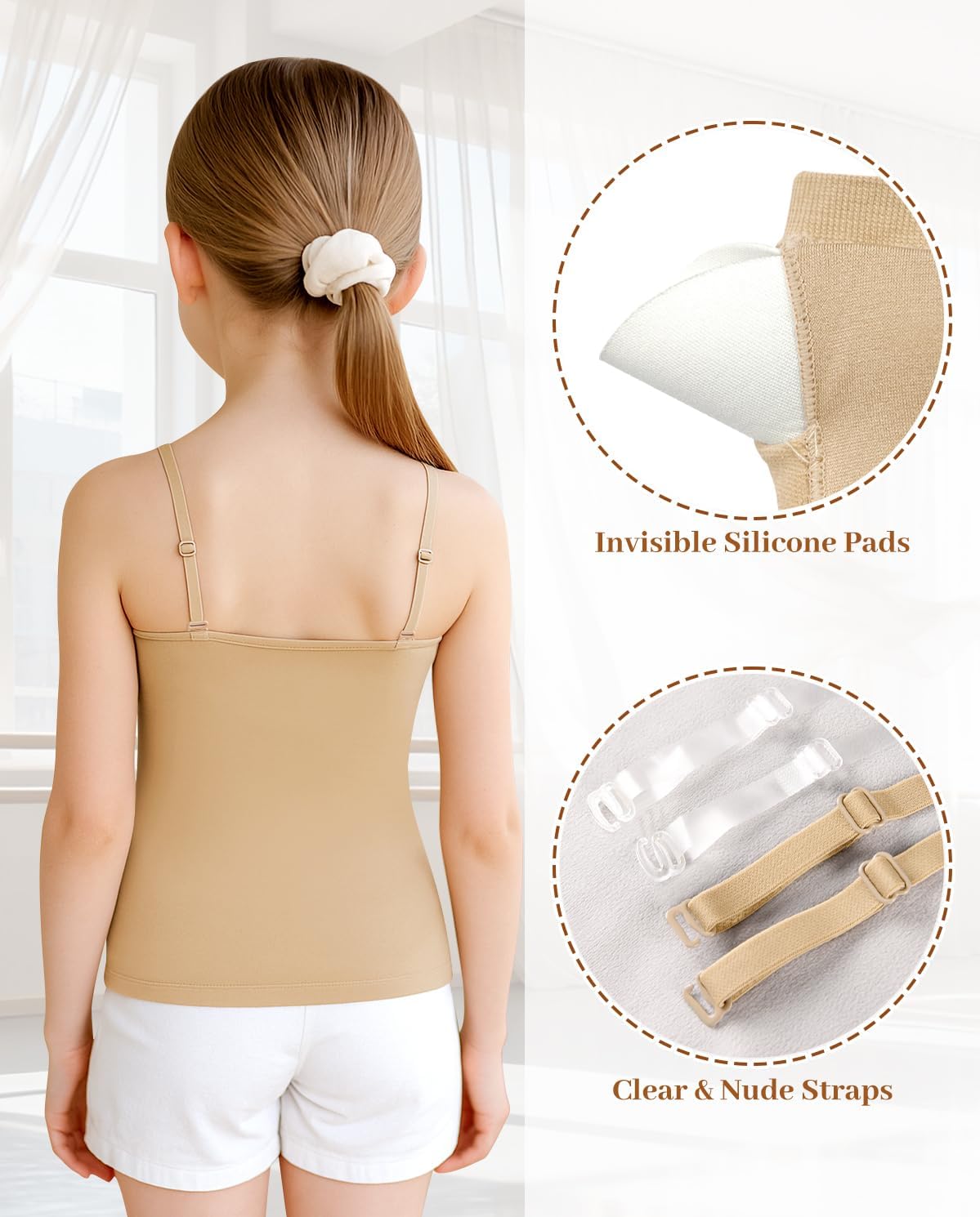 WYHDY Girls Nude Camisole Tank Tops Sleeveless Camis Undershirt with Nude Adjustable Clear Straps,Silicone Cover - Image 4
