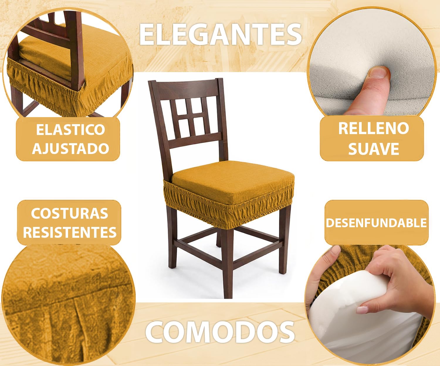HAND Juego de 4 Cojines para Sillas de Cocina Made in Italy – Cojines para Sillas de Madera con Banda Elástica Antideslizante, Desenfundables con Cremallera, Relleno Incluido (Mostaza)