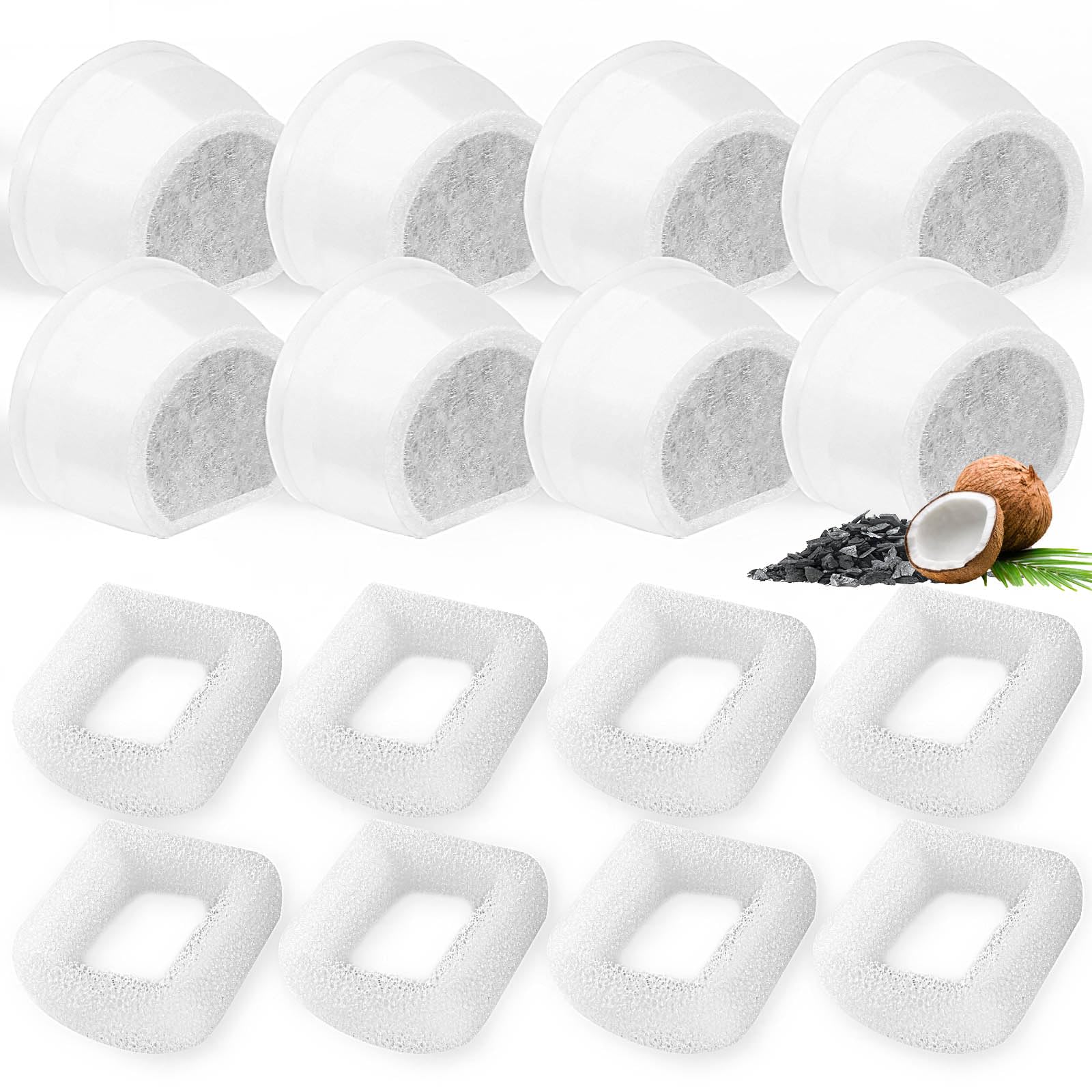 16 Pack Cat Water Fountain Filters Replacement, 8 Carbon Filters and 8 Foam Sponge Pre-Filter Fit for Multiple Ceramic and Stainless Steel Pet Fountains