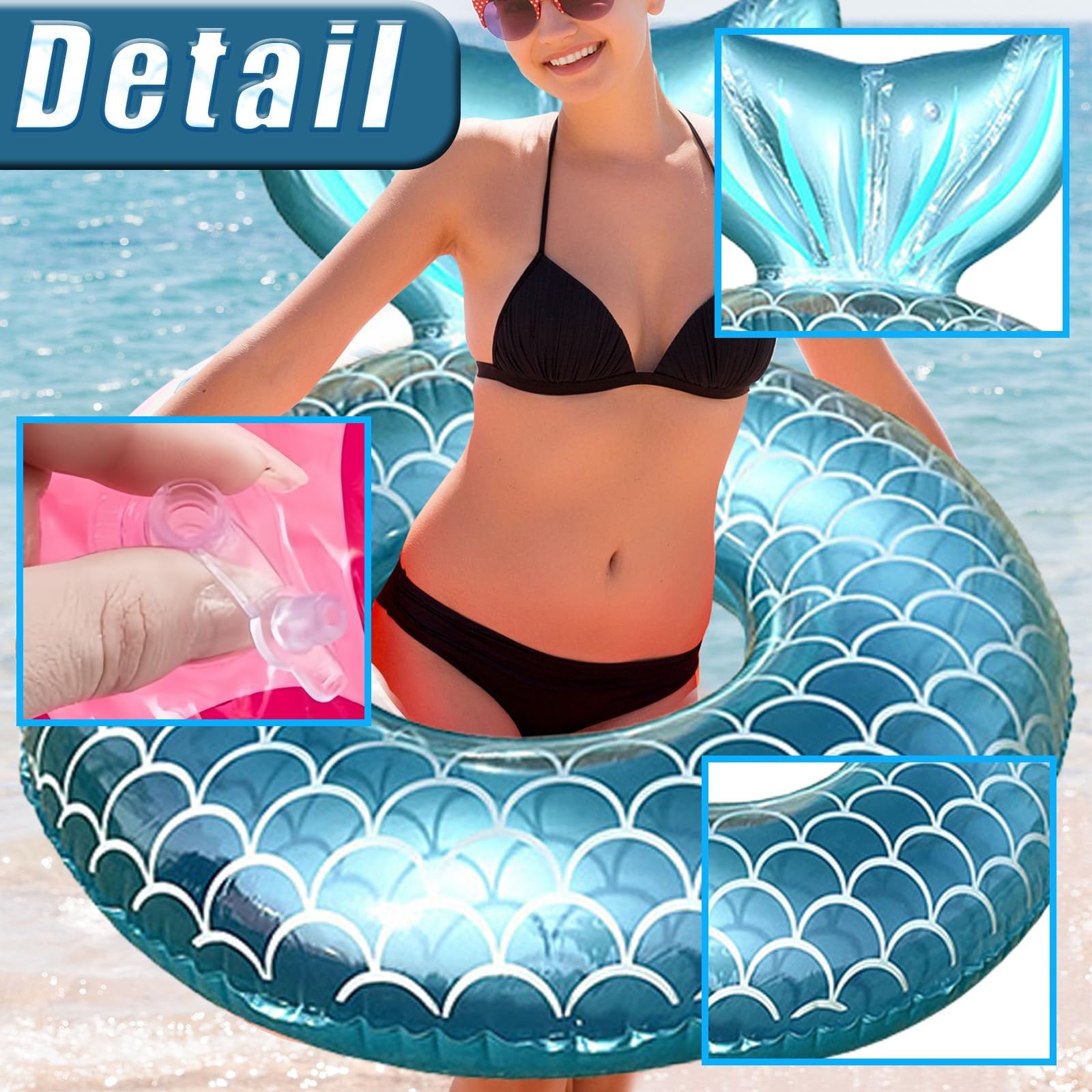 Mermaid Pool Inflatables Swimming Rings for Adults 90cm Blue Mermaid Tail Shaped Pool Swimming Float Cute Pool Float Tube Rings Pool Floaties for Women Summer Beach Pool Party Water Sport - Image 3
