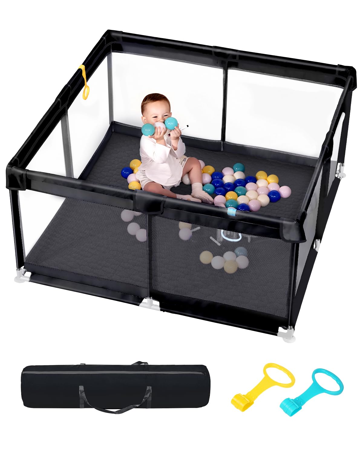 derimkcoa Laufstall Baby mit Spielmatte,Laufgitter Baby,Kinderzaun mit Atmungsaktivem Netz,Tragbarer Laufstall für Drinnen und Draußen(130x130x66cm,Schwarz)