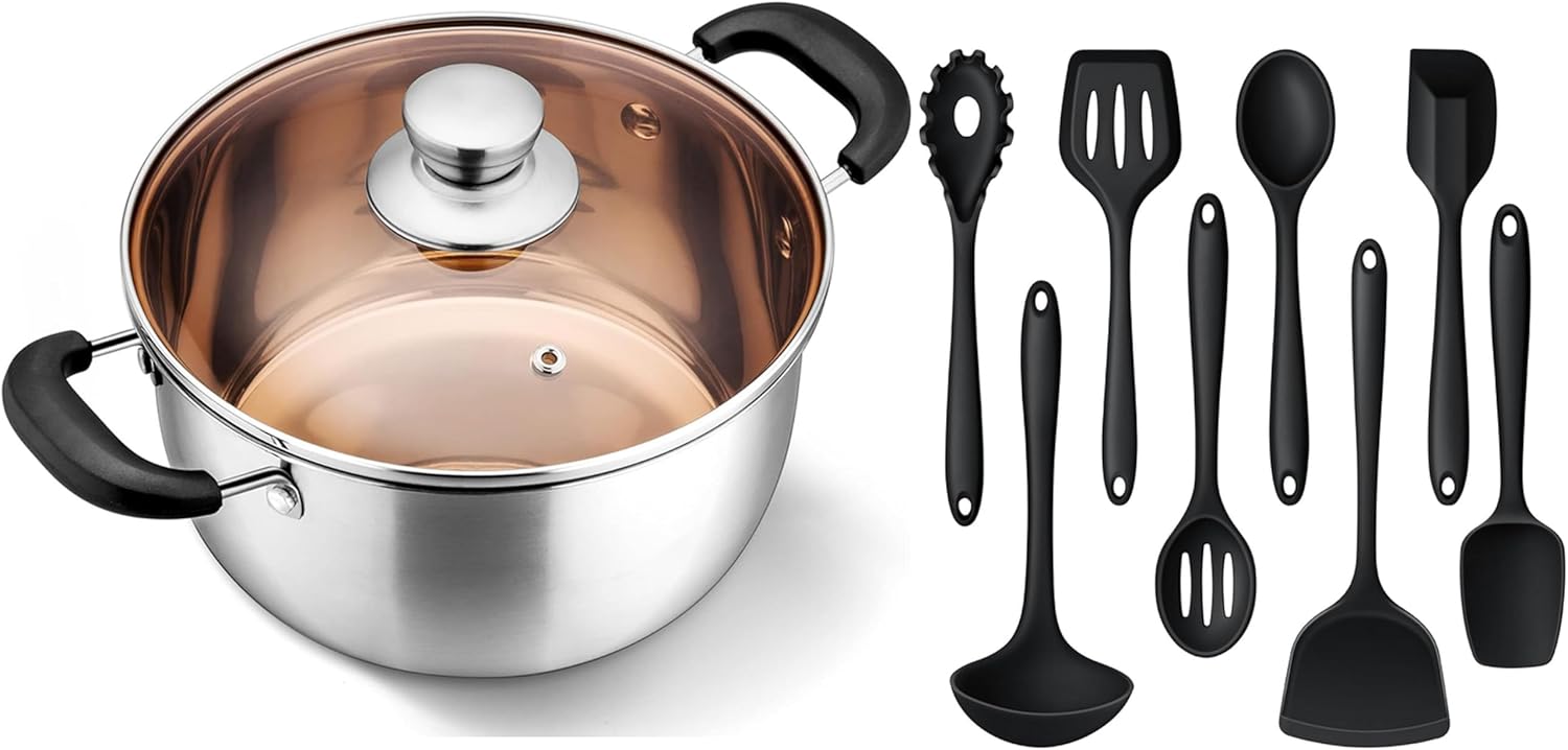 LIANYU 8Pcs Cooking Utensils Set, Heat Resistant Kitchen Utensils, Silicone Utensils Spatula Set for Nonstick Cookwareand 6QT Stock Pot with Lid, Stainless Steel Soup Pasta Pot Dishwasher Safe