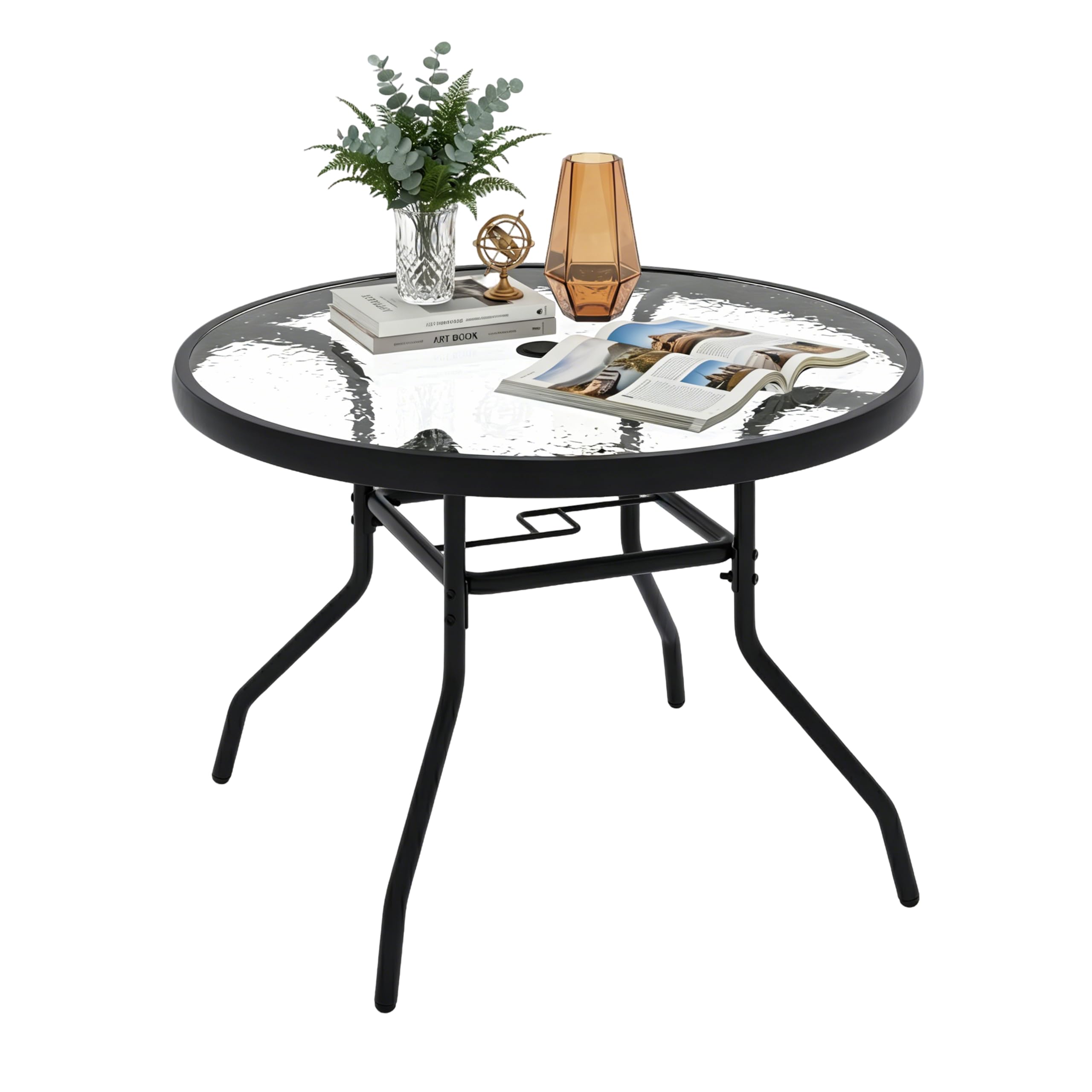 KOMFOTTEU Tavolino da Esterno in Vetro Antiscivolo con Foro Ombrellone | Tavolino Rotondo da Caffè con Struttura in Metallo, per Balcone e Piscina, 70 x 70 x 45,5 cm