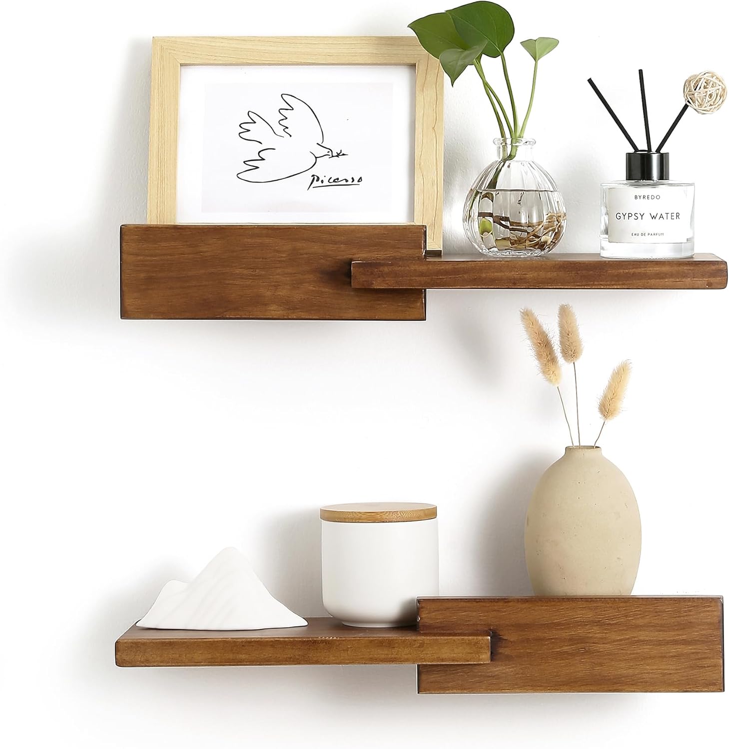 GRID FORTE Wood Floating Shelf Set of 2, 4.5D x 15W Inch Modern Reversible Wall Shelves, Minimalism Wall Mount Hardwood Shelves, Wall Decor for Bedroom Living Room Kitchen (Walnut)