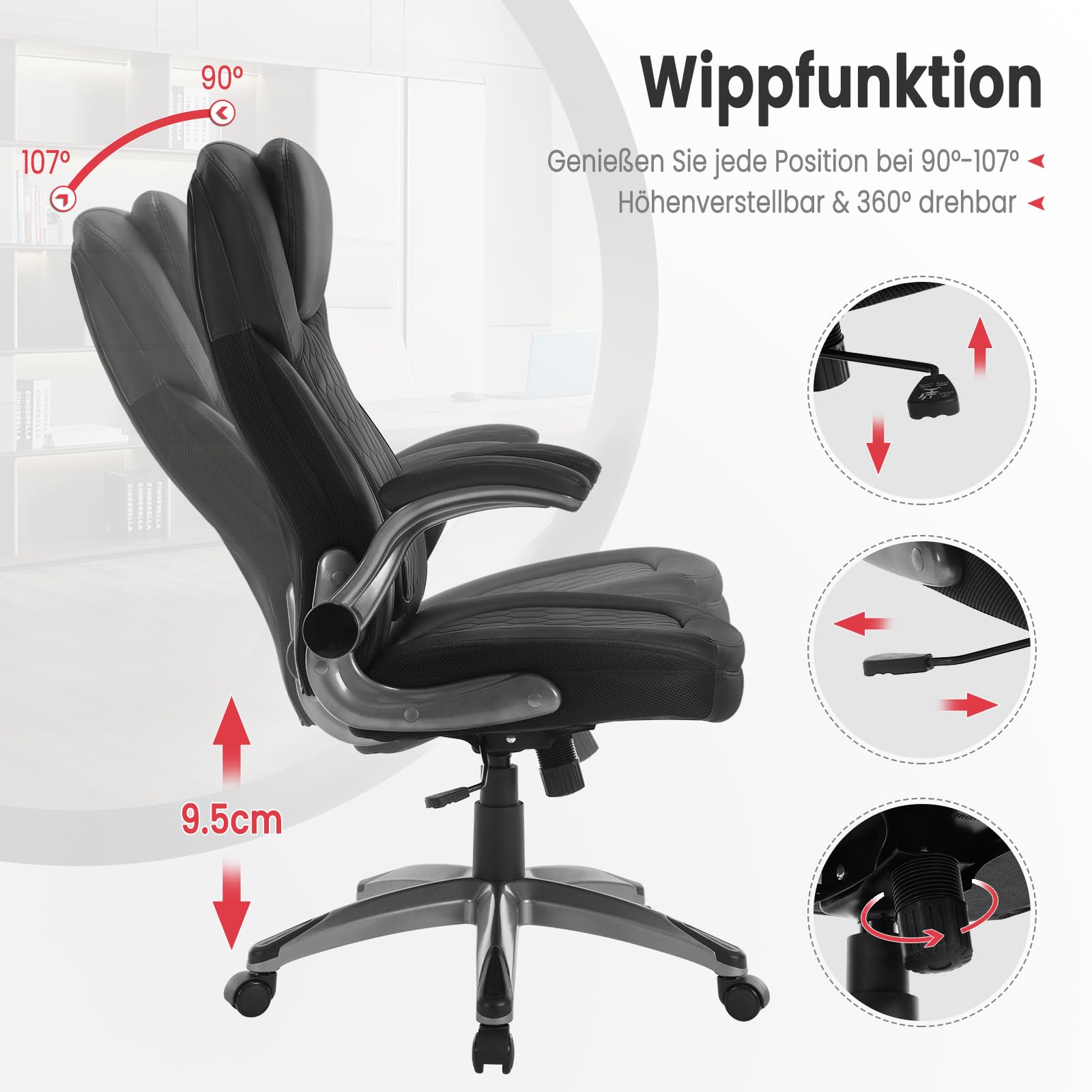 WOLTU Bürostuhl 200kg, Schreibtischstuhl, Chefsessel Kunstleder, Schwarz | Breite Sitzfläche, Dicker Breiter and Winkeleinstellbar, mit hochelastischem Schaumstoff