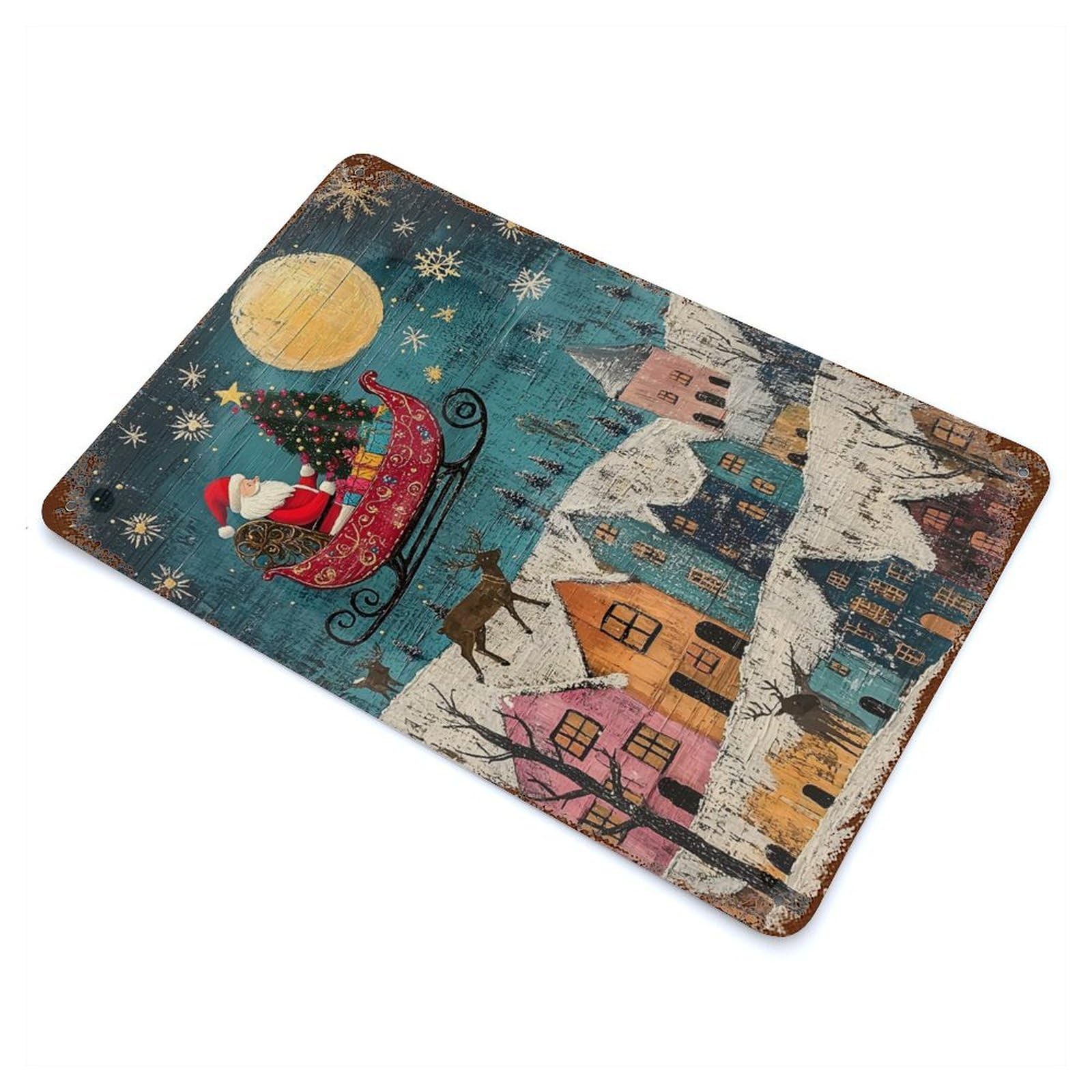 Garage Style Santas Christmas Eve Flight Rustic Tin Plaque 11.8"x7.9", Classic Wall Plaque for Bar And Workshop
