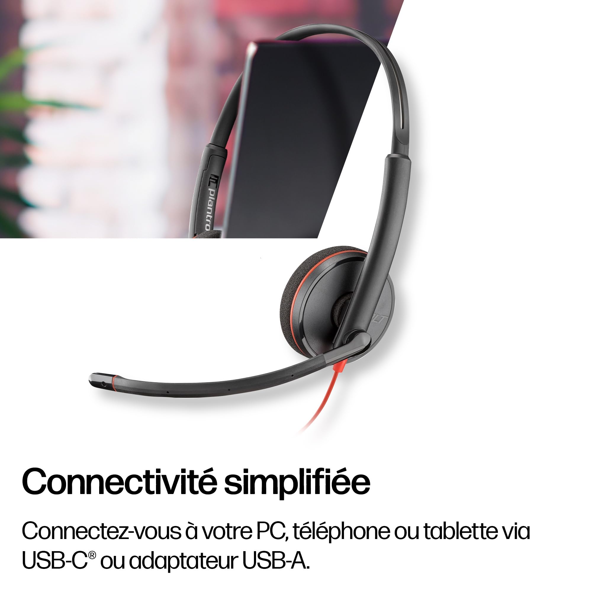 Micro-casque filaire Poly Blackwire 3220 – Microphone antibruit – Conception binaurale – Connexion à un PC/Mac via USB-C ou USB-A – Fonctionne avec Teams, Zoom
