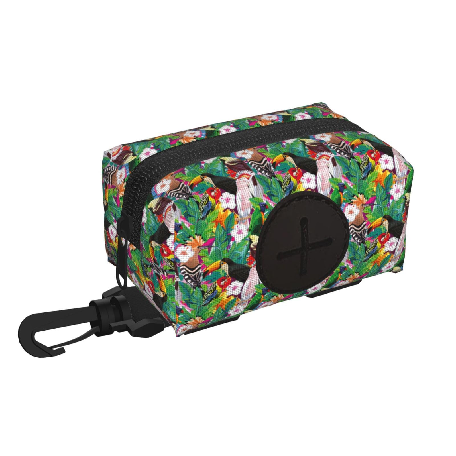 Pphgut Black Tropical Birds And Plant Leaf Print Waterproof Pet Waste Treat Bag Outdoor Walking Hiking Pouch Camping Accessory