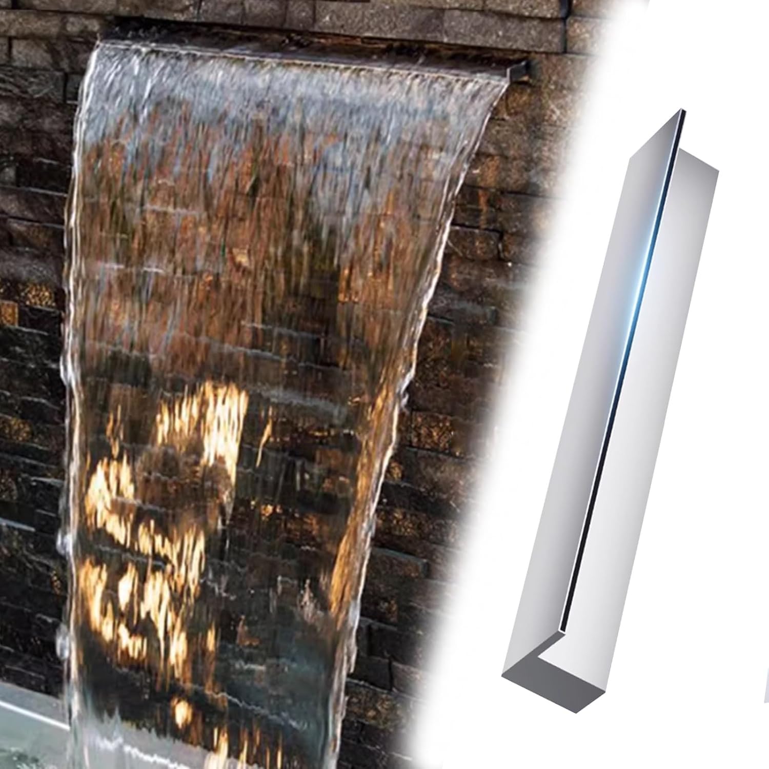 Outdoor Pool Fountain Waterfall, 8" Recessed Wall Spillway for Garden, Backyard & Park Pond Features - Elegant Silver Design for Relaxing Water Effects