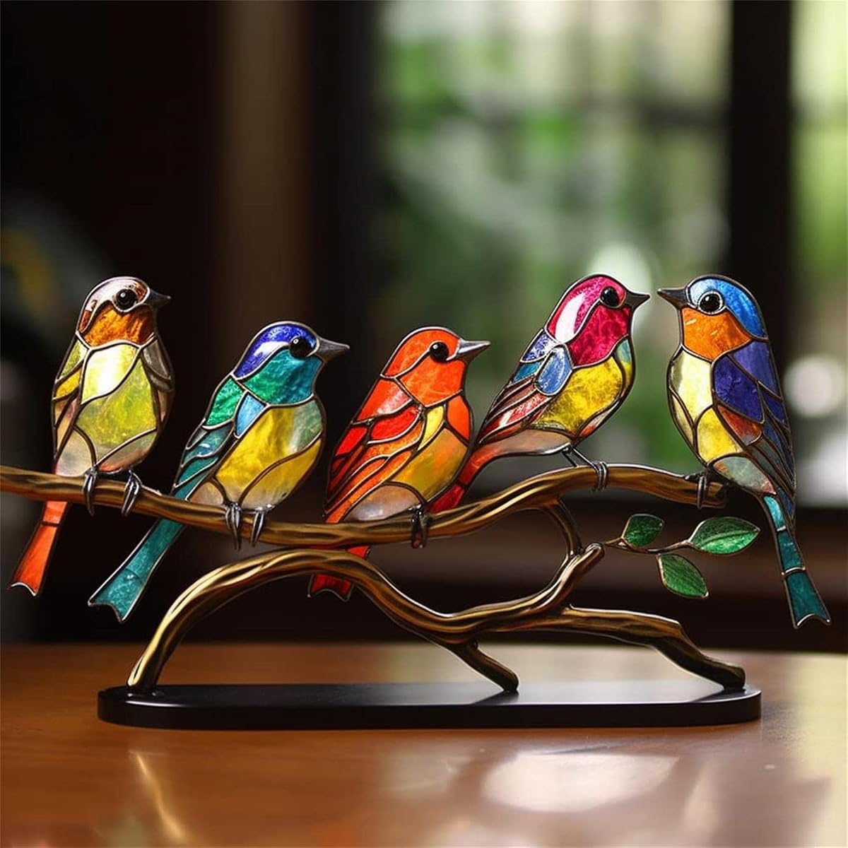 2023 Nuevos adornos de escritorio de pájaros de metal manchado en ramas, decoraciones de mesa de pájaros coloridos planos de doble cara de metal, estatua artesanal de colibrí multicolor, escultura de figuras de pájaros para decoración del hogar.