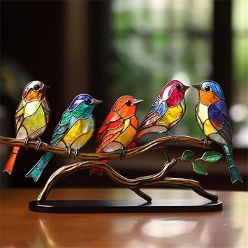 2023 New Stained Metal Birds On Branch Desktop Ornaments, Metal Flat Double Sided Colorful Birds Tabletop Decorations, Multicolor Hummingbird Craft Statue Bird Figurines Sculpture for Home Decor.