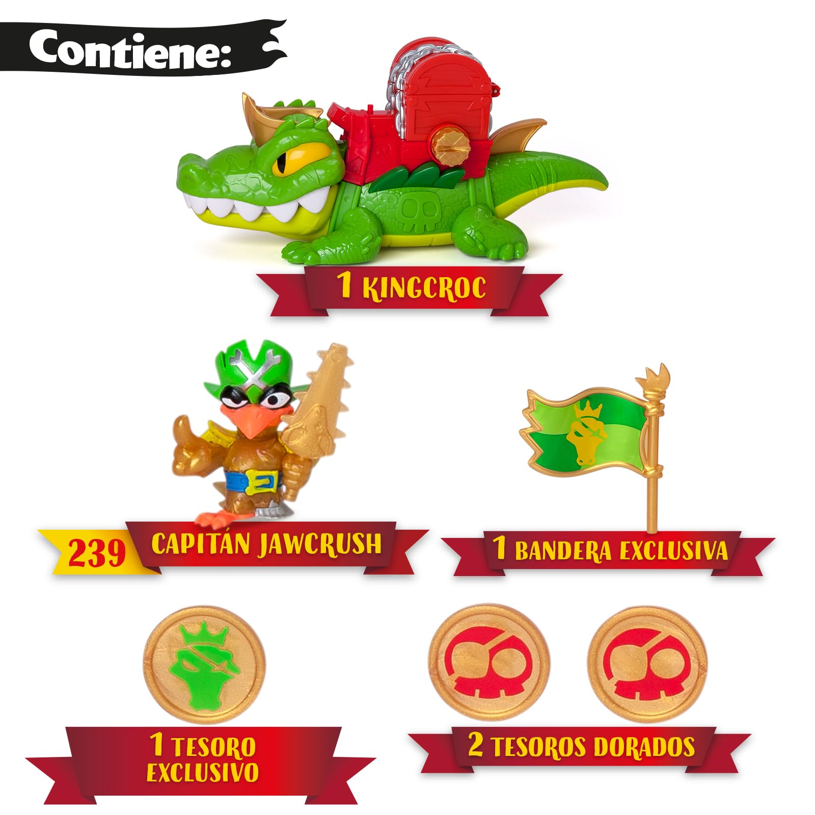 PIRATIX King Croc –Cocodrilo articulado,para capturar Piratix y con un cofre para guardar tesoros. Contiene 1 cocodrilo, 1 tesoro exclusivo, 2 tesoros dorados extras, 1 Piratix exclusivo y 1 accesorio