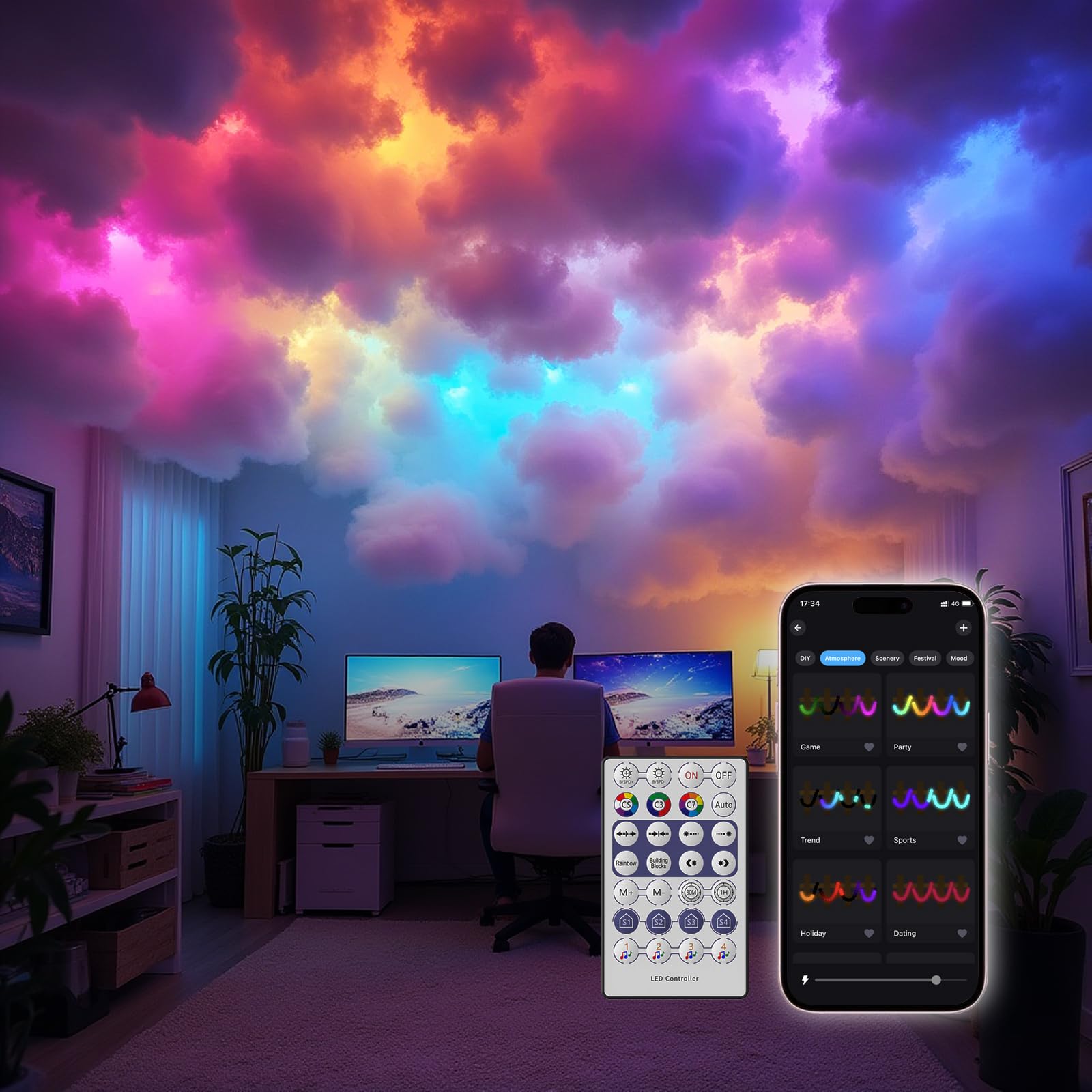 Wolkendecke LED Watte Licht, DIY RGB+IC Chasing Musik Sync 3D Baumwolle Deckenwolkenlicht mit APP und Fernbedienung zur Dekoration (5M)