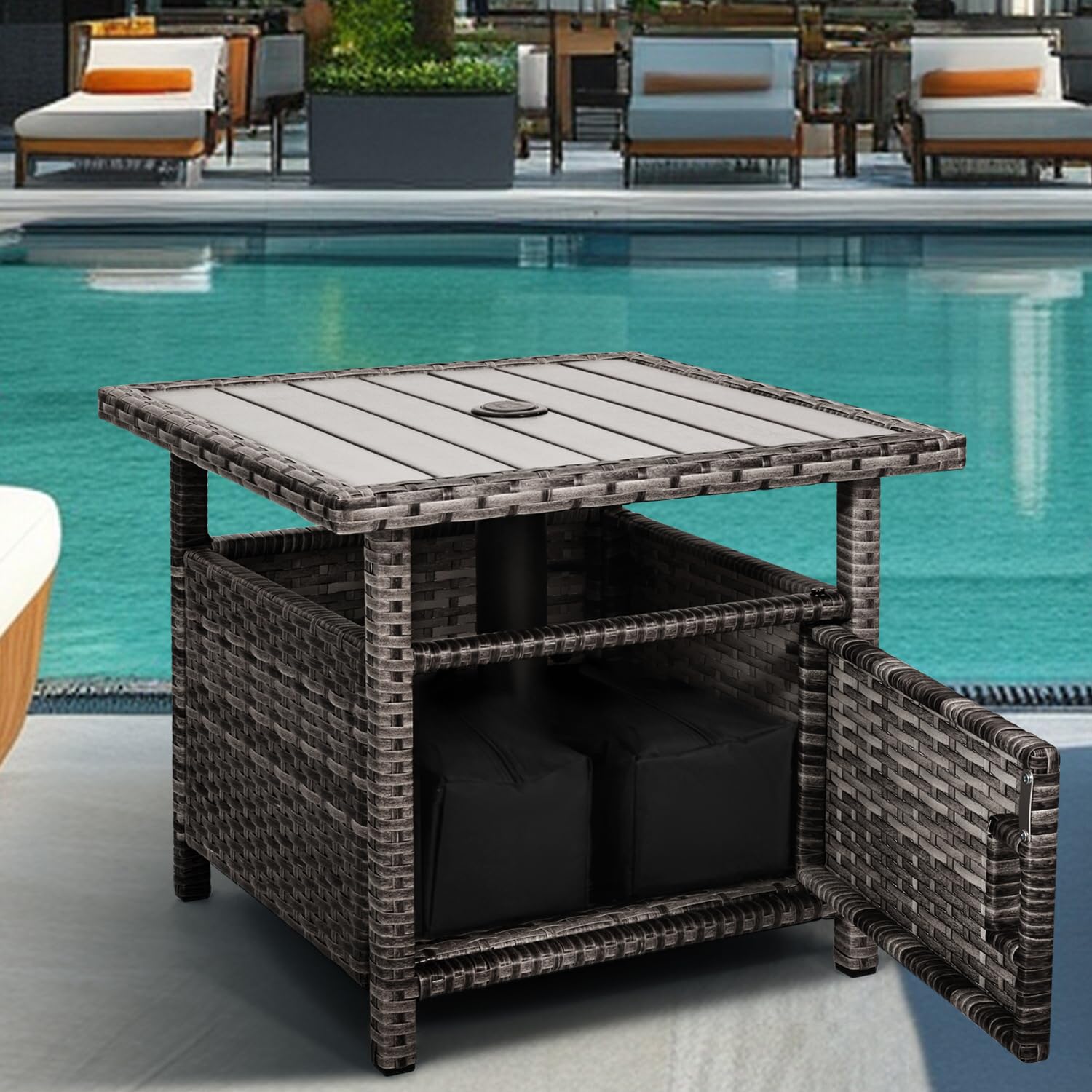Outdoor Patio Side Table with Umbrella Hole Small Grey Wicker Umbrella Stand Table with 2 Weight Bags for Outside End Storage Coffee Table with Poly