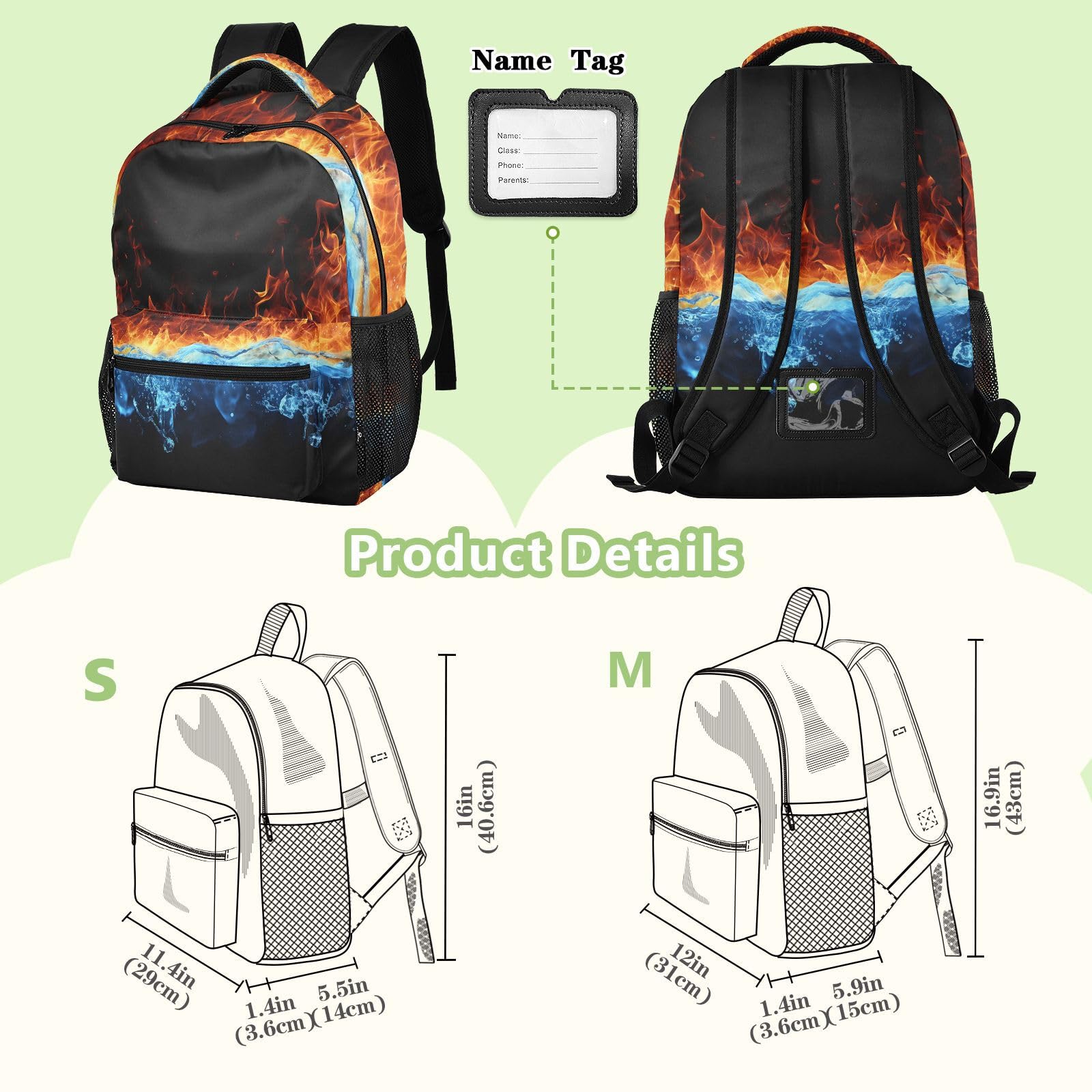 Mnsruu Zaino da viaggio per computer portatile, zaino impermeabile e leggero, per la scuola, per ragazzi, ragazze e adulti, Acqua Fuoco, M, Casual