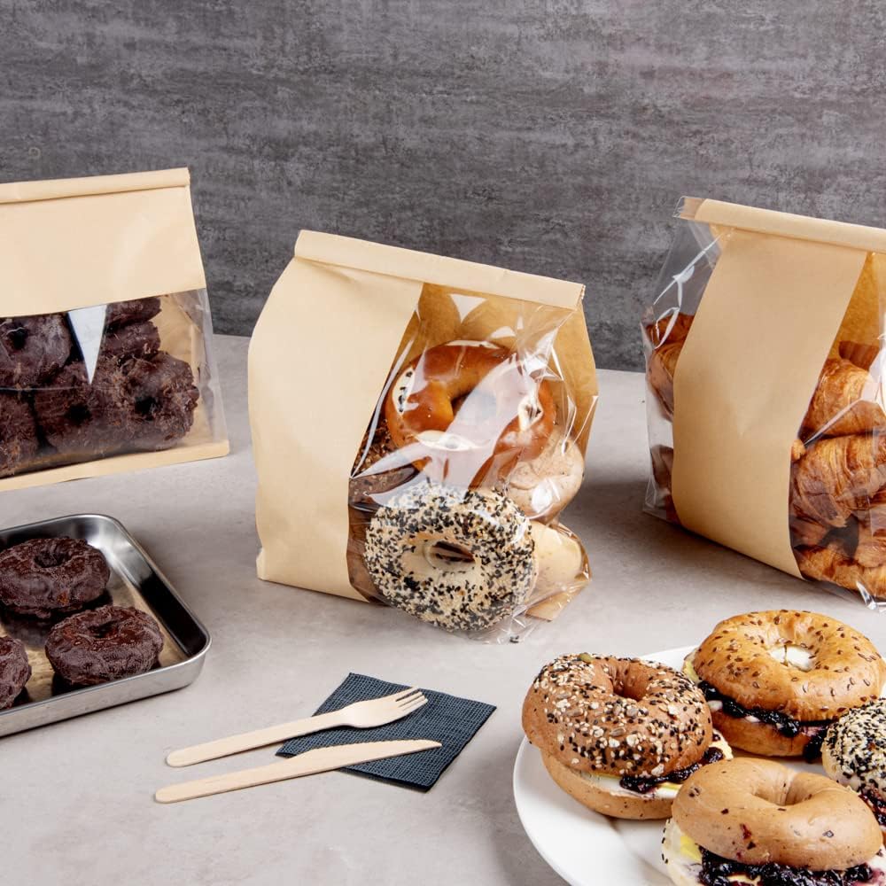 Restaurantware - Bag Tek 8.3 x 3.9 x 13.8 Inch Kraft Tin Tie Bags With Windows, 100 Resealable Bakery Bags With Windows - Flat Bottom, For Cookies or Coffee Beans, Paper Tin Tie Bags
