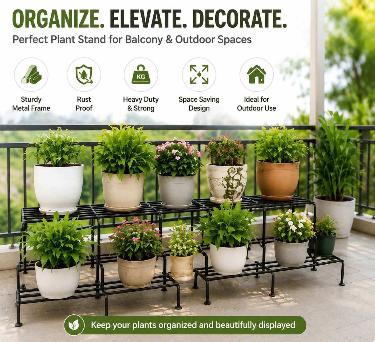 TrustBasket Bold Plant Stand | 24 Inch, Set of 4 | Durable 9 Layer Coating Anti-Rust Metal | 75 KG Capacity | Plant Stands for Outdoor Balcony & Indoor Living Room | Pot Stands for Plants in Balcony | Black 4