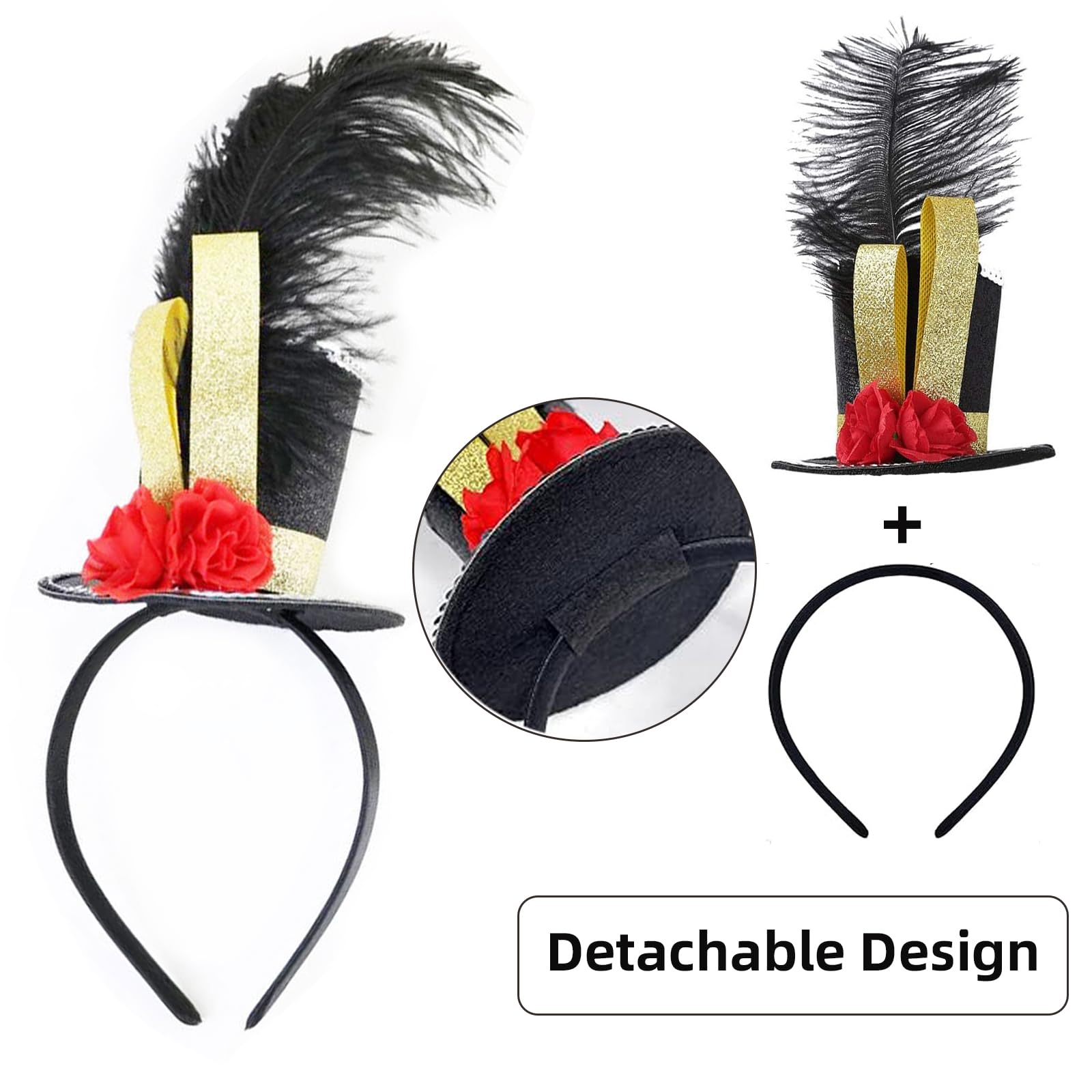 Myqiqi Black Mini Top Hat Headband Fascinator Ostrich Feather Top Hat for Ringmaster Circus Costume for Men Women Festival Halloween Christmas Headwear Carnival - Image 2