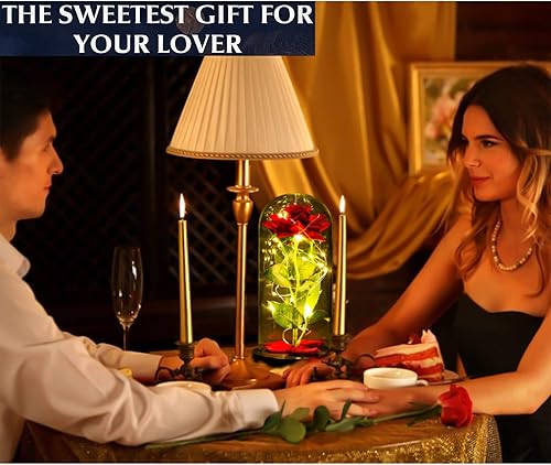 Miniatura 5 de Regalo de San Valentín para ella, rosa de la Bella y la Bestia para mujer, cristal rojo de seda con base de luces LED, regalo único para novia,