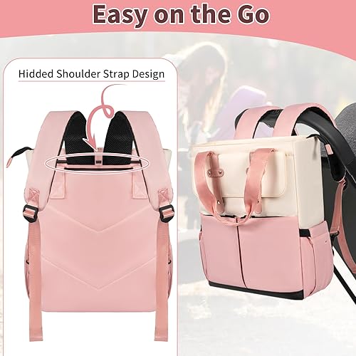 Miniatura 5 de TORIBIO Mochila para pañales, bolsa de pañales grande para bebé con cambiador y bolsa aislada para biberón, Rosado