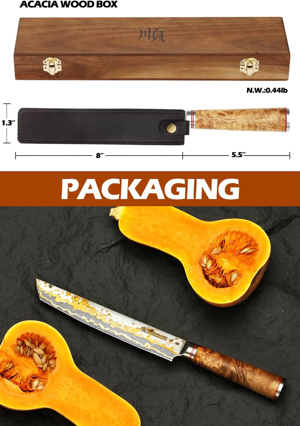 YOUSUNLONG Sashimi Slicing Knife - 8 Inch Sujihiki Yanagiba Knife - Super Sharp Slice - Japanese Handmade Copper Damascus Steel Blade - Naturel Burl Wooden Handle with Leather