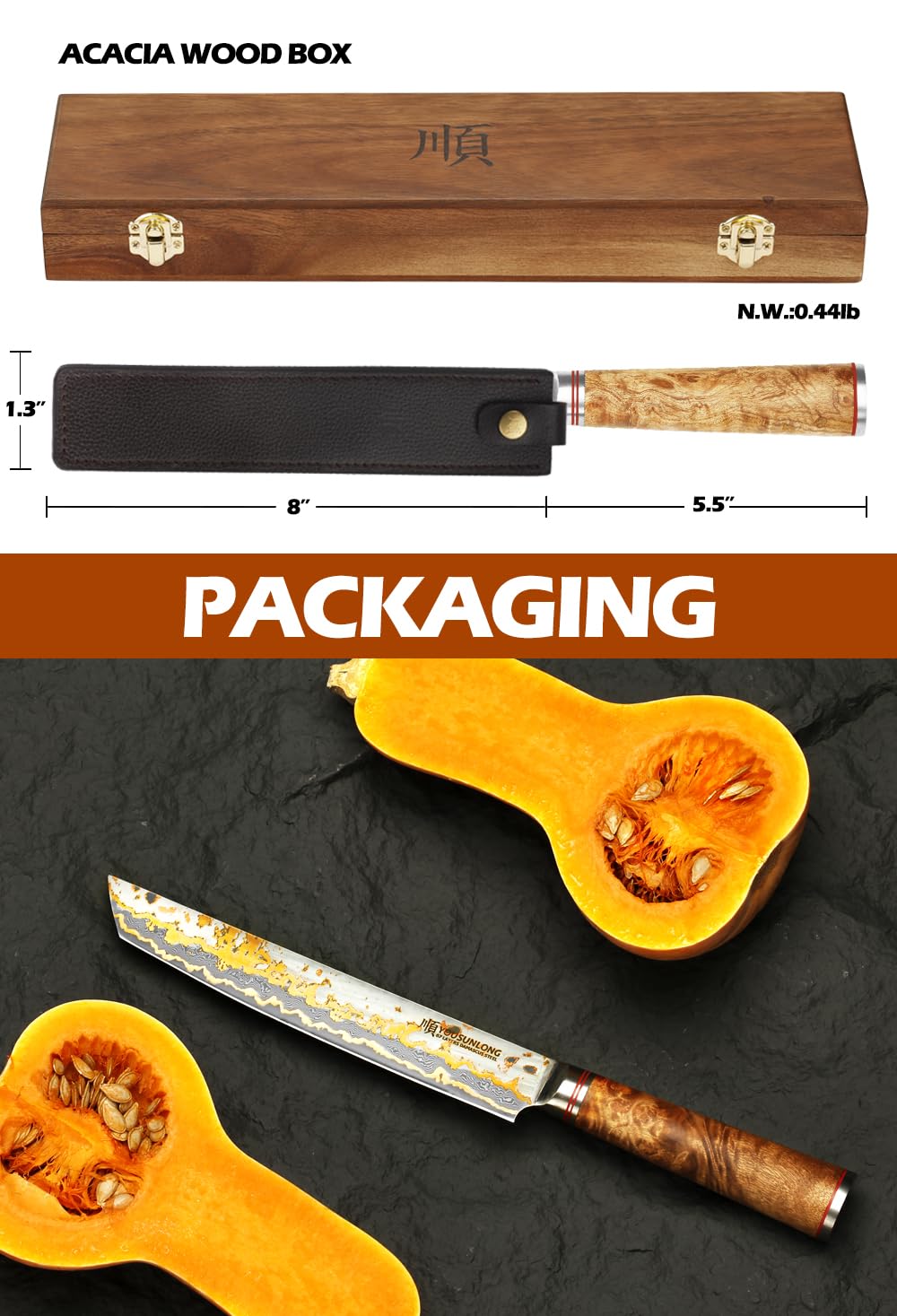YOUSUNLONG Sashimi-Schneidemesser - 215mm Sujihiki Yanagiba Messer - Superscharfer Schnitt - Japanische handgefertigte Kupfer-Damaszener-Stahl Klinge - Naturel Burl Holzgriff mit Leder